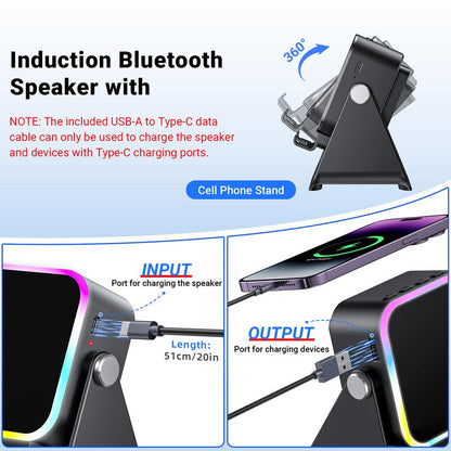 No-Bluetooth Induction Speaker Stand – 5-in-1 Phone Holder with RGB Lights & Power Bank