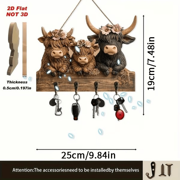2D Printed Country Style Highland Cow Wooden Ornament 🐮