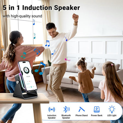 No-Bluetooth Induction Speaker Stand – 5-in-1 Phone Holder with RGB Lights & Power Bank