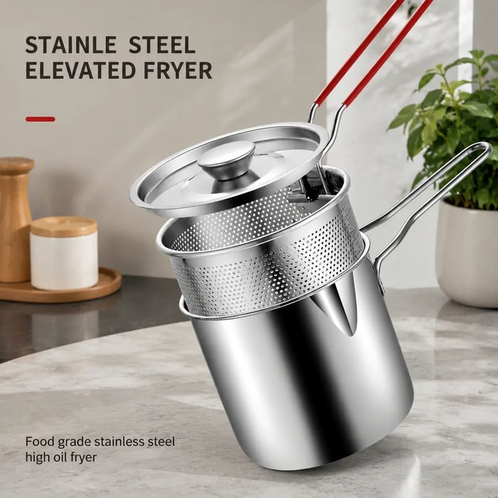 Restaurant-Quality Crispy Frying at Home! Compact Stainless Steel Deep Fryer Pot Set with Basket & Tongs | Oil-Saving, Quick & Easy to Clean for Perfect Family Portions