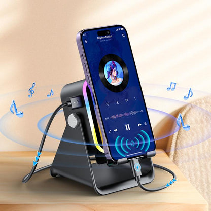 No-Bluetooth Induction Speaker Stand – 5-in-1 Phone Holder with RGB Lights & Power Bank