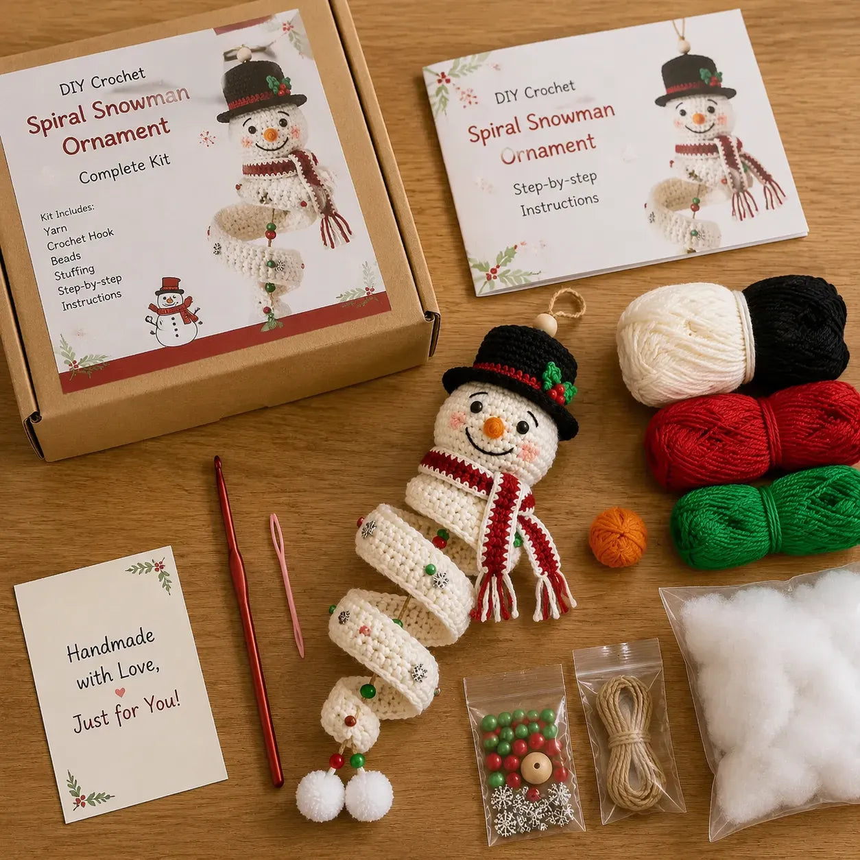 ☃️Crochet Snowman Spiral Ornament DIY Kit | Complete Beginner-Friendly Set with Soft Yarn, Crochet Hook, Festive Beads, Snowflakes & Step-by-Step Guide 🧶🎄✨