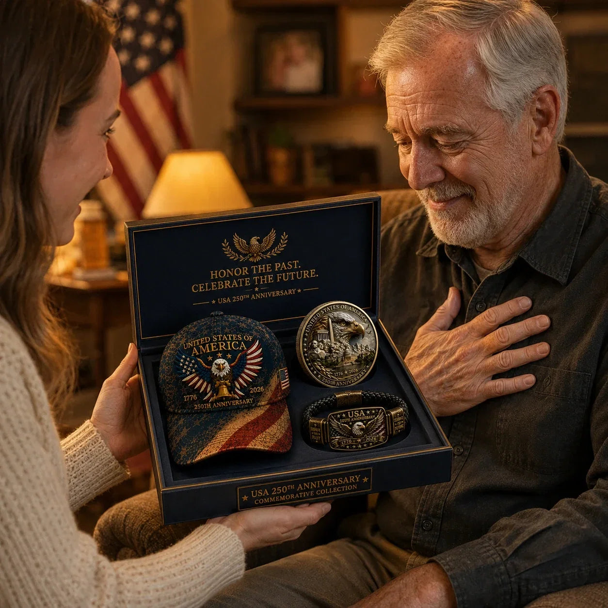 Anniversary Patriotic Eagle 3-Piece Gift Set – Embroidered Cap, Coin & Bracelet